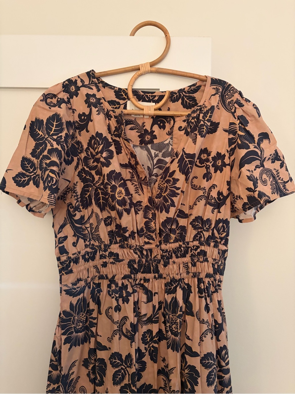Anthropologie Beige Midi Dress with Black Floral Print